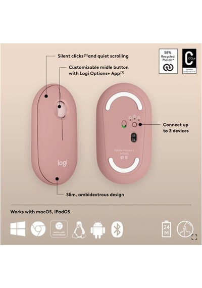 Logıtech Pebble 2 M350s Kablosuz Bluetooth Sessiz Optik Mouse Pembe 910-007014 Diğer