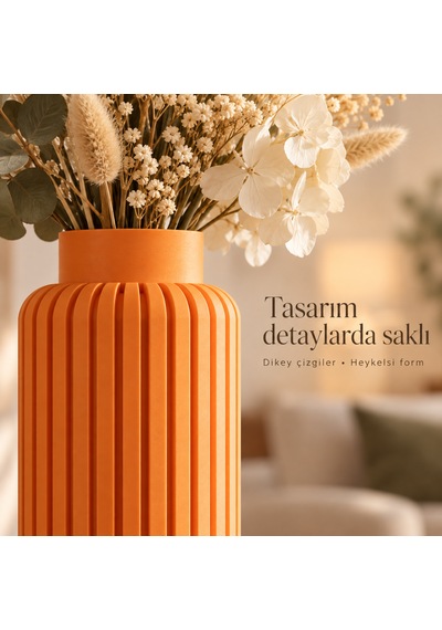 Dikey Çizgili Dekoratif Vazo 20 Cm Modern Silindir Tasarım Turuncu