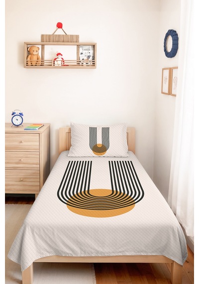 Hardal Geometrik Modern Genç Odası Tek Kişilik Pike Takımı - Siyah 160x220 Cm Kapitone Yatak Örtüsü Keten Doku Gölgesi