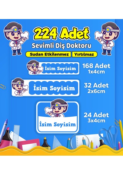 Sevimli Diş Doktoru Temalı Okul Kreş Kişiye Özel İsim Etiket Seti - Model 511 Çok Renkli