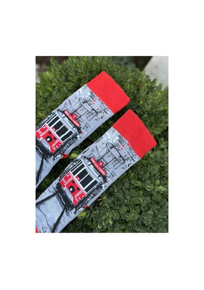 Lousocks Unisex İstanbul Tramvay Desenli Gri Kırmızı Soket Çorap