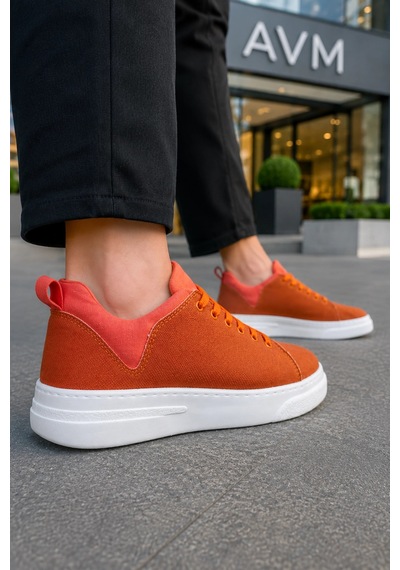 Mevese Ont Bağcıklı Keten Dokulu Hafif Taban Erkek Günlük Casual Sneaker Ayakkabı - Turuncu