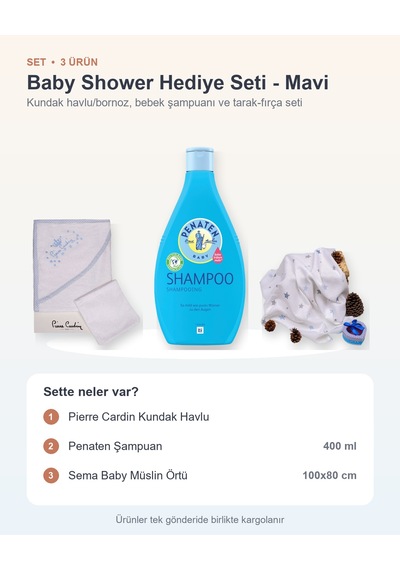 Baby Shower Hediye Seti 3 Parça: Pierre Cardin Kundak Havlu + Şampuan + Sema Baby Müslin Örtü - Mavi