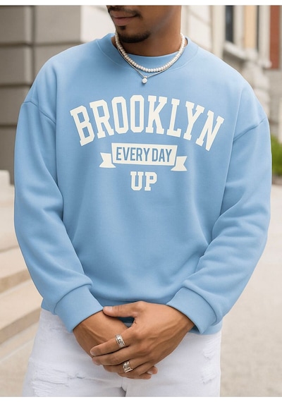 Benroma 3 İplik Penye Brooklyn Baskılı Unisex Sweatshırt Bebe Mavisi