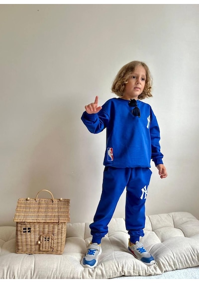 Jolly Kids Erkek Çocuk Yazı Baskılı Sweatshirt Takım Mavi