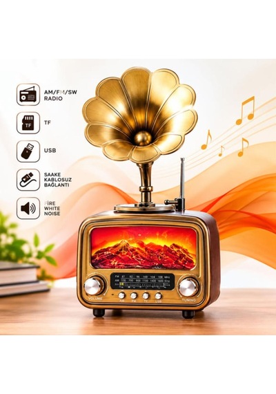 Everton Rt-422 Bluetooth Fm-usb-tf-aux Şarjlı Nostaljik Radyo Gramafon Alev Ambiyans Işığı Şömine Çıtırtı Sesli