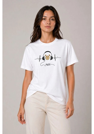 Wear Vexel Kadın Müzik Temalı Baskılı Tişört Bisiklet Yaka Kısa Kol T-shirt - Beyaz Beyaz