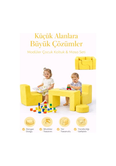 Modüler Çocuk Çalışma, Oyun Ve Etkinlik Masa Sandalye Takımı Sarı