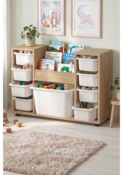 9 Sepetli Dolap Oyuncak Dolabı Çok Amaçlı Dolap Montessori Kitaplıklı Aden Safir Meşe