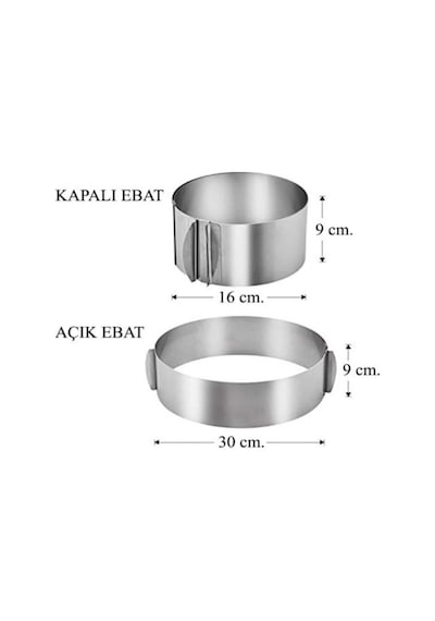 Kek Ve Pasta Paslanmaz Yuvarlak Kelepçeli Ayarlanabilir Çember 16/30 Cm Yükseklik 9 Cm Çelik Metalik Diğer