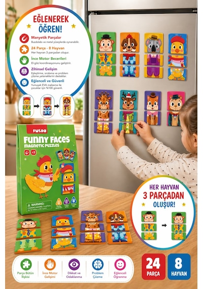 Puedo Funny Faces Manyetik Puzzle 24 Parça 8 Hayvan Eva Eğitici Oyuncak 3+ Yaş