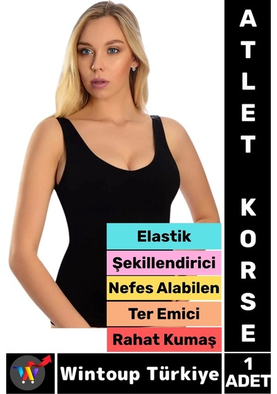 Wintoup Özel Üretim Karın Bel Göğüs Şekillendiren Toparlayan Elastik Konforlu Ter Emici Kadın Atlet Korse Siyah