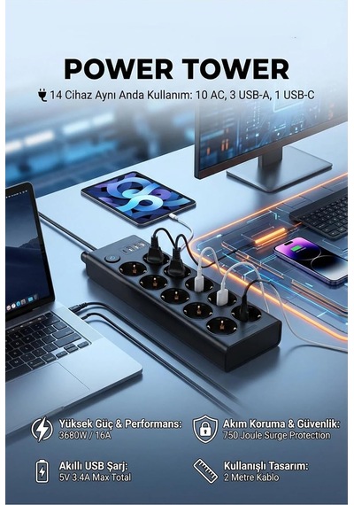 10'lu Akıllı Güç Koruma Grup Priz, 3x Usb-a 1x Usb-c, 3680w, 2 Metre Kablo, Siyah 0