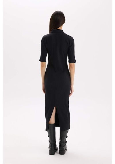 Defacto Bodycon Vücudu Saran Polo Yaka Fitilli Kaşkorse Kısa Kollu Midi Elbise D8296ax25spbk81 Siyah
