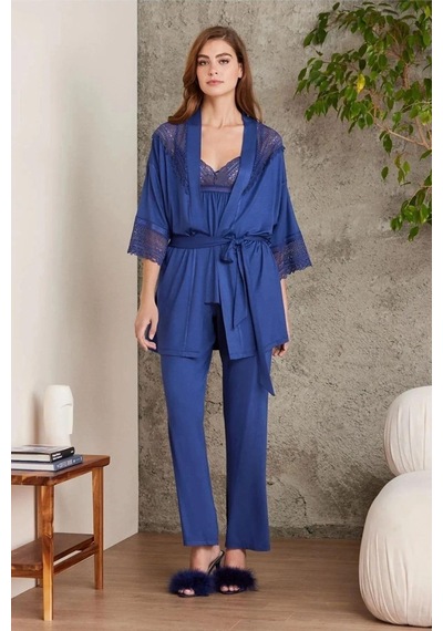 Pierre Cardin 2820 Kadın Penye Dantelli Sabahlıklı Pijama Takım-lacivert Lacivert