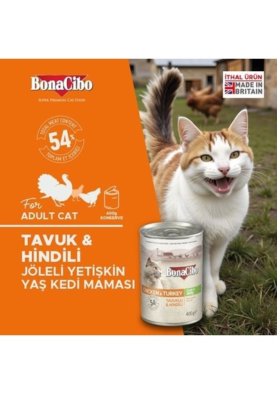 BonaCibo Jöleli Tavuklu ve Hindi Etli Konserve Yetişkin Kedi Maması 6 x 400 G