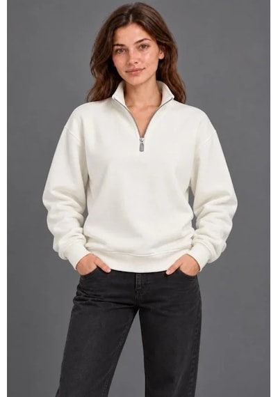 DefyModa Üç İplik İçi Şardonlu Dik Yaka Yarım Fermuarlı Kışlık Sweatshirt - Beyaz