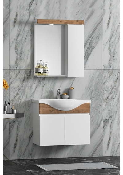 Yıldız 55 Cm Beyaz-atlantik Çam Mdf Seramik Lavabolu Asma Banyo Dolabı Takımı