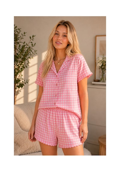 Rindahomewear Pembe Ekose Pamuklu Örme Kumaş Düğmeli Şortlu Takım Pembe Ekose