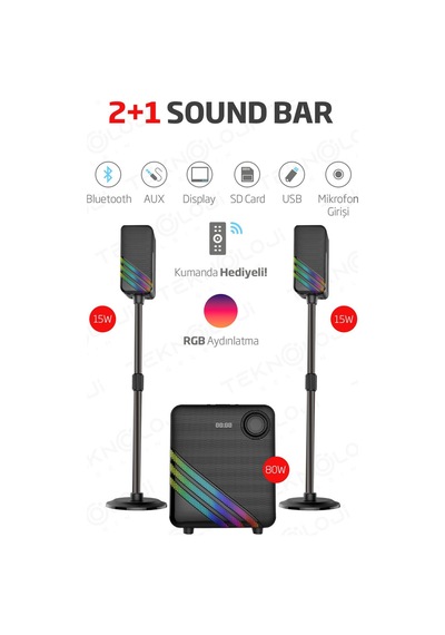 Hp-tv02 2+1 Soundbar Ev Sinema Sistemi Stereo Hd Ses Rgb Kablolu 80 Watt Amfi 15wx2 Soundbar-130215