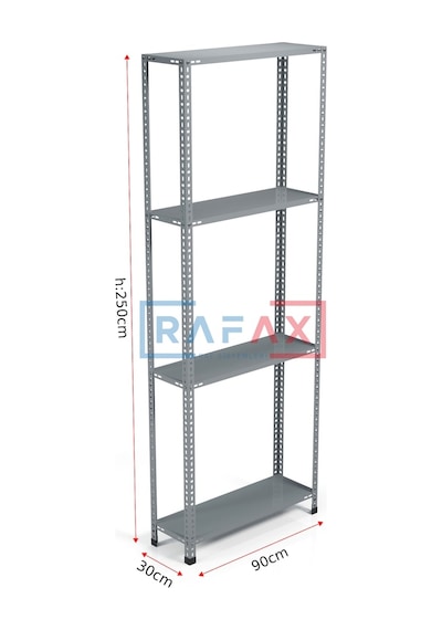 Rafax , 30x90xH:250 4 Raflı Çelik Raf, Depo Rafı, Arşiv Rafı Gri