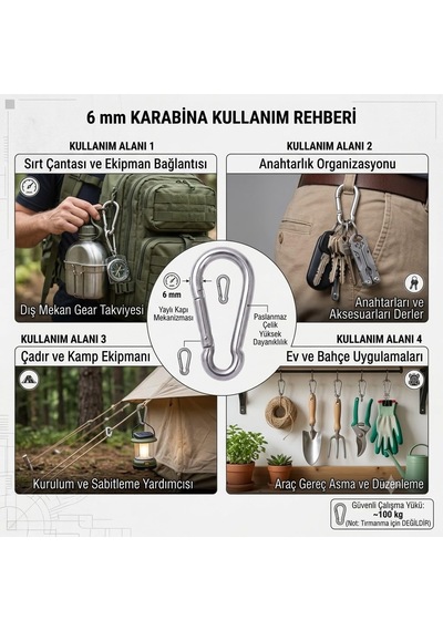 Metal Yaylı Karabina 6x60 Mm 5 Adet Paslanmaz Çelik