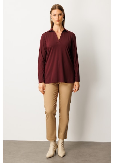 On Kadın Büyük Beden Polo Yaka Basic Bluz 61332 Bordo Bordo