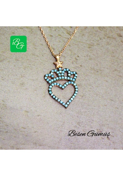 Firuze Taşlı Kraliçe Tacı Ve Kalp Temalı Kolye Rose - Gold -  Gümüş