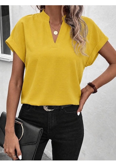 Efnaz Style Kadın Kısa Kollu Hakim Yaka Sofya Bluz Sari