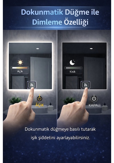 Digital Hayat Buğu Çözücü Dokunmatik Dimlenebilir Kare Ayna Beyaz Işıklı Led Dekoratif Banyo Makyaj Aynası Beyaz