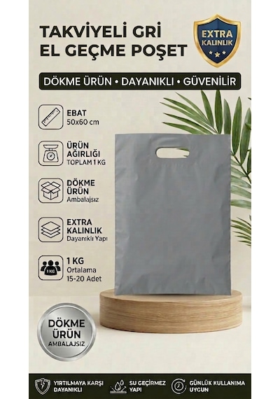 50x60 Gri Takviyeli El Geçme Poşet 1kg