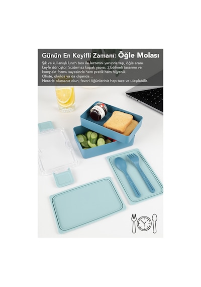 2 Katlı Kilitli Beslenme Kabı - Kendinden Çatal Kaşıklı Lunch Box Beslenme Kutusu Saklama Kabı Mavi