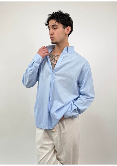 Zaee Oversize Dökümlü Keten Gömlek Baby Blue