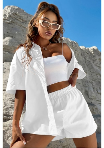 Cool Tarz Kadın Oversize Gömlek Şort Takım Yazlık 2 Li Kombin Rahat Kesim Beyaz