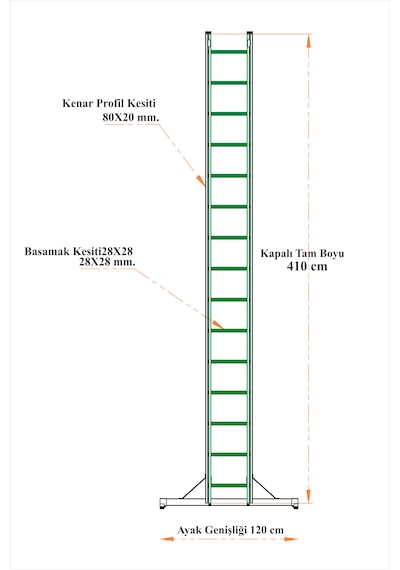 En Uzun Büyük 4x2m. Açılıp Kapanan A Tipi Sürgülü Kullanılabilen Ev Ofis İnşaat Yangın Merdiveni 2x15 Basamak 7,5 Metre