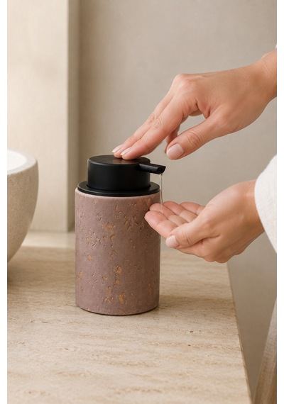 Terra Stoneware Traverten Dokulu Siyah Pompalı Dekoratif Sıvı Sabunluk 500 Ml , 13 X 7.5 Cm Koyu Pembe