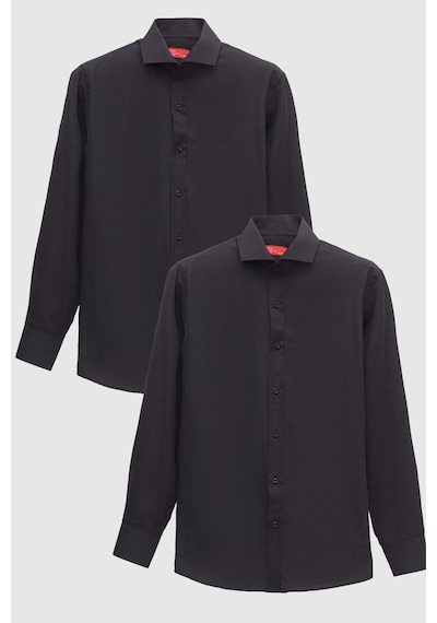 D'S Damat Ds Damat Slim Fit Siyah İtalyan Yaka Dar Kesim Klasik Kravatlık Uzun Kollu Kolay Ütülenebilir Nefes Alan 2'li Gömlek 2hf02ortbn86 Siyah