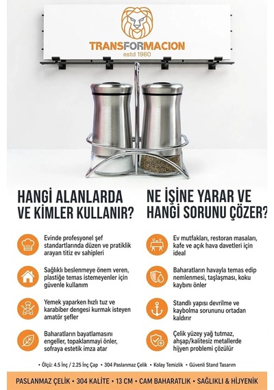 İkili Tuzluk Biberlik Seti 13 Cm 18/10 304 Paslanmaz Çelik Standlı Cam Baharatlık 723495 Diğer