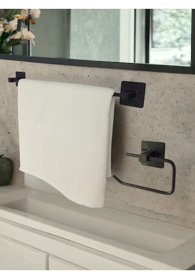 Yapışkanlı Banyo Aksesuar Seti, Siyah, Düz Havluluk, Tuvalet Kağıtlığı Siyah
