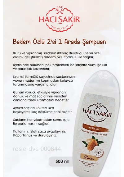 Hacı Şakir Hindistan Cevizi Şampuan 500 Ml, Bademli Şampuan 500 Ml Ve Rosıe