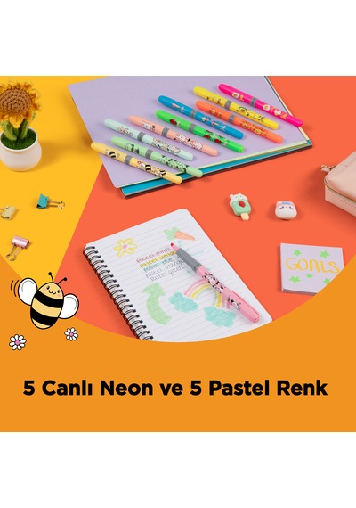 Bıc Marking Highlighter Grip Kawaii Desenli Fosforlu Kalem 10'lu Set Çok Renkli