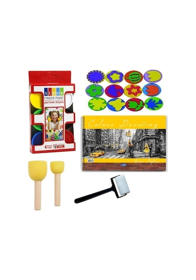 Südor 6x30 Ml Parmak Boyası, Resim Defteri, 6 Adet Eva Baskı, Ponpon Fırça, Sünger Rulo Fırça