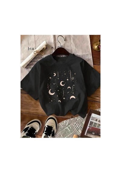 Medinenur Çoklu Ay Desen Baskılı Basic T-shirt Siyah
