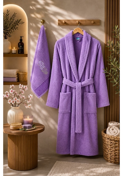 Havlulu Bornoz 2'li Set Bornoz + 50 X 85 Cm Baş Havlusu, Pamuklu, Cepli, Spa Ve Otel Konforu Lavanta