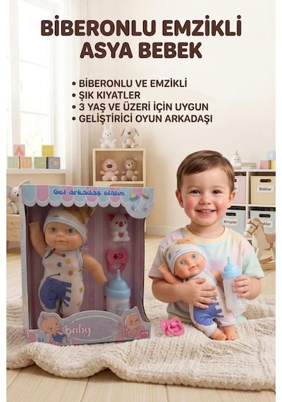 Oyun Arkadaşım Asya Bebek 4 Parçalı Biberonlu Emzikli Hayvan Figürlü 18cm Eğitici Oyuncak Bebek 1