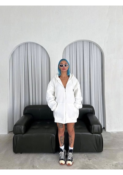 Oversize Tam Fermuarlı Uzun Kol Hırka - Beyaz