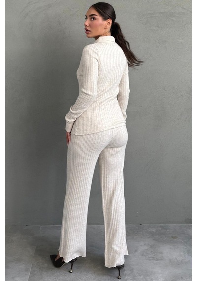 Madmext Taş Rengi Fitilli Polo Yaka Düğmeli Triko Kadın Takım Mg2802