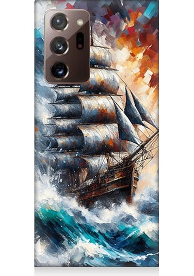 Samsung Galaxy Note 20 Ultra Uyumlu Fırtınada Dalgalı Yelkenli Gemi Desenli Silikon Kılıf Çok Renkli