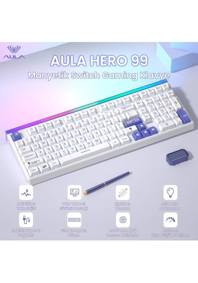 Aula Hero 99 Hall Effect Manyetik Klavye Rapid Trigger Wing Chun Switch 8000hz Rgb Hot Swap Oyuncu Klavyesi Mavi