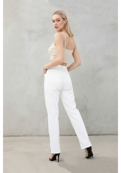 Kene Jeans Paça Yan Yırtmaç Beyaz Boyfriend Bol Paça Pantolon Beyaz